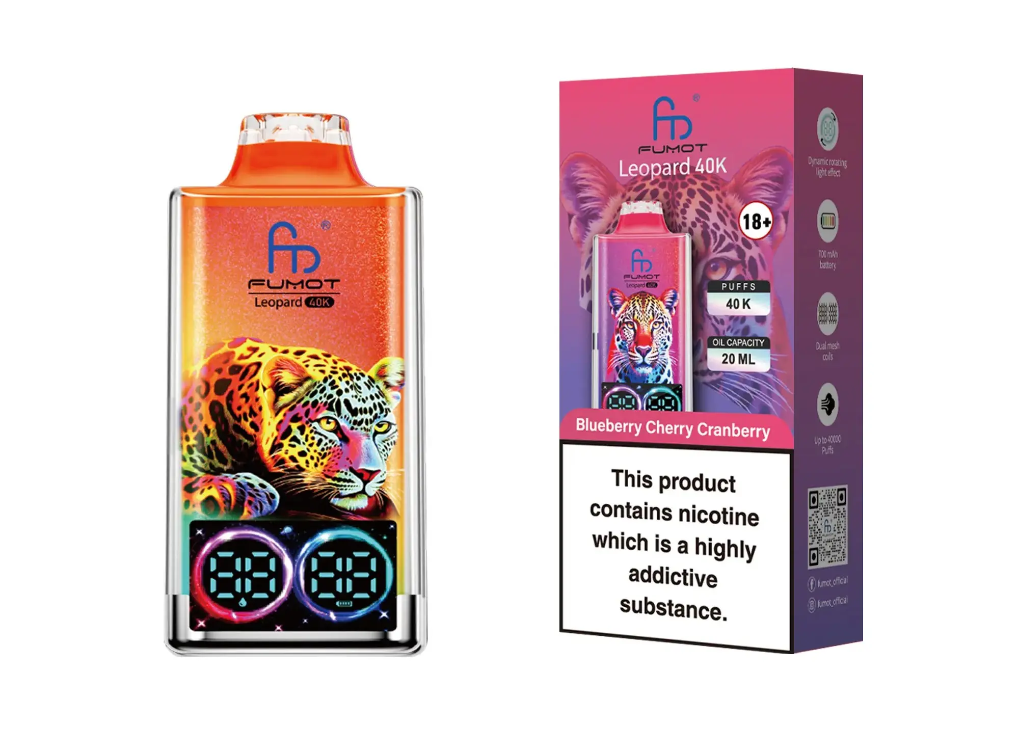 Fumot Leopard 40K Verpackung mit QR-Code zur Echtheitsprüfung